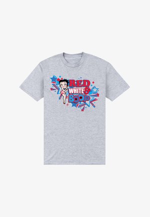 Graues T-Shirt mit dem Vintage-Cartoon-Charakter Betty Boop in Rot, Weiß und Blau, umgeben von Sternen und dem Text "Red White & Boop".