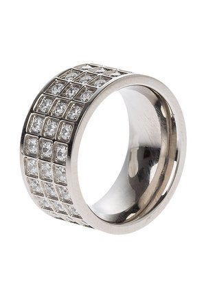 Wide silver ring with three rows of square-cut clear gemstones set across the outer surface.