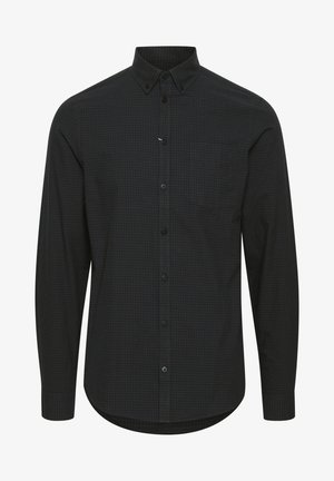 Svart langermet skjorte med knapper, med et lite rutemønster, enkelt brystlomme og sirkulære knapper. Myk stoffkvalitet og skreddersydd passform.