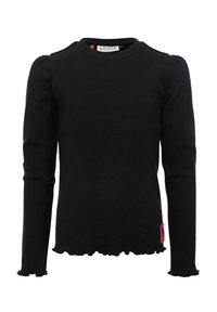 Zwarte geribbelde top met lange mouwen, voorzien van een gerimpelde onderkant en manchetten, en een klein roze labeldetail aan de onderkant. Fittend ontwerp.