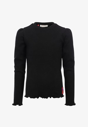 Zwarte geribbelde top met lange mouwen, voorzien van een gerimpelde onderkant en manchetten, en een klein roze labeldetail aan de onderkant. Fittend ontwerp.
