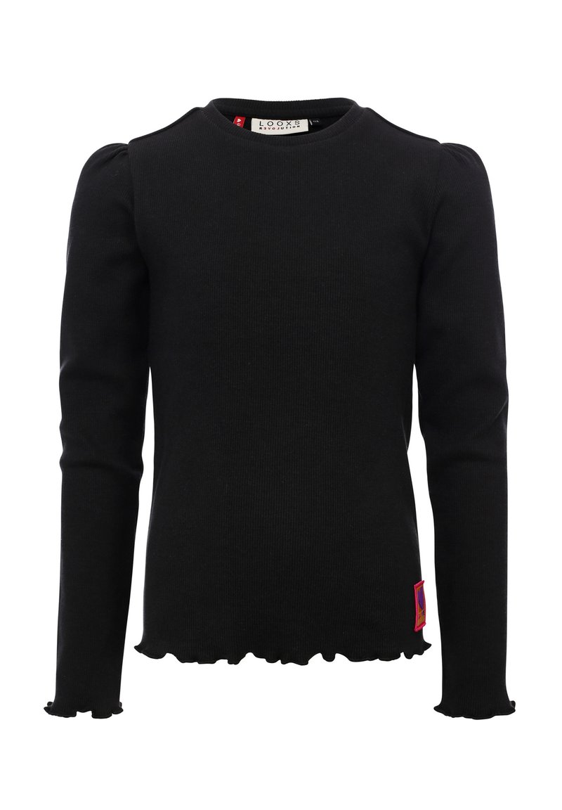 Zwarte geribbelde top met lange mouwen, voorzien van een gerimpelde onderkant en manchetten, en een klein roze labeldetail aan de onderkant. Fittend ontwerp.