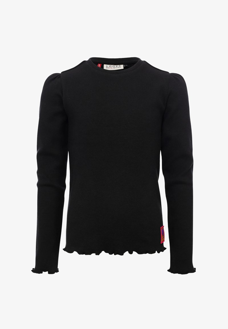 Zwarte geribbelde top met lange mouwen, voorzien van een gerimpelde onderkant en manchetten, en een klein roze labeldetail aan de onderkant. Fittend ontwerp.