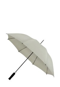 Lichtbeige parasol met een slank ontwerp, zwarte metalen ribben en een gestructureerde zwarte handgreep, met een gladde stoffen canopy.