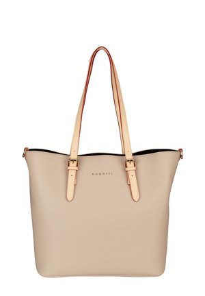 Beige Leder-Tote mit glatter Textur, doppelten Griffen und goldfarbenen Beschlägen. Verfügt über ein schwarzes Innenfutter und das markierte Logo auf der Vorderseite.