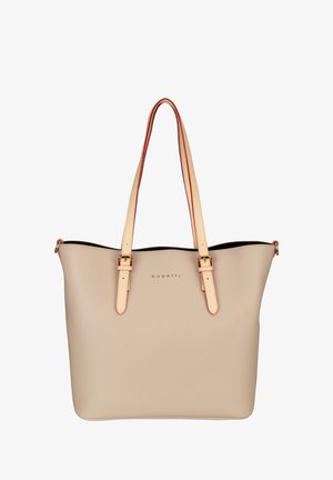 Bolso tote de cuero beige con textura suave, asas dobles y herrajes en tono dorado. Presenta un interior negro y el logotipo de la marca en relieve en la parte frontal.