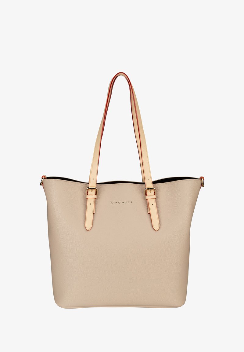 Sac tote en cuir beige avec une texture lisse, des doubles poignées et des finitions en métal doré. Il dispose d'un intérieur noir et du logo de la marque embossé à l'avant.