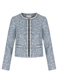 Blå och vit texturerad kort jacka med rund halsringning, fransade kanter och central dragkedjeslutning. Har två framfickor.