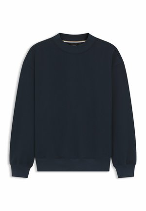 Sweatshirt bleu marine en tissu doux, avec un col rond, des manches longues et des poignets et un ourlet côtelés pour un ajustement confortable.