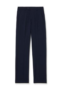 Un pantalon droit bleu marine en tissu doux, doté de deux poches latérales et d'une fermeture à un bouton à la taille.