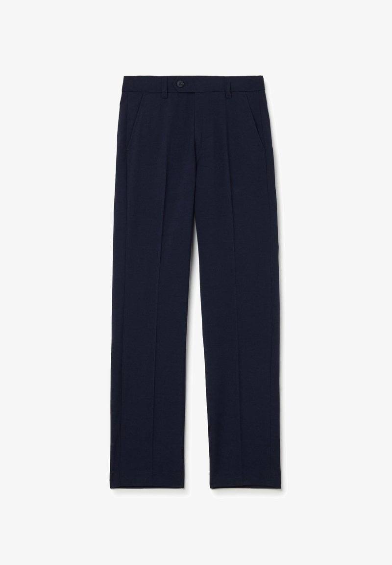 Marineblauwe, rechte broek van zachte stof, met twee zijzakken en een enkele knoopsluiting op de taille.