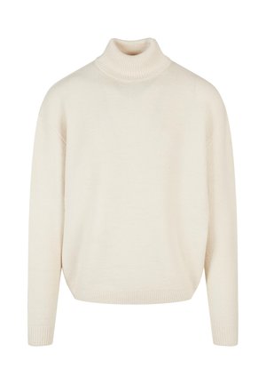 Cream-colored turtleneck sweater made of soft, textured knit fabric; features a relaxed fit and ribbed cuffs. No patterns or embellishments.