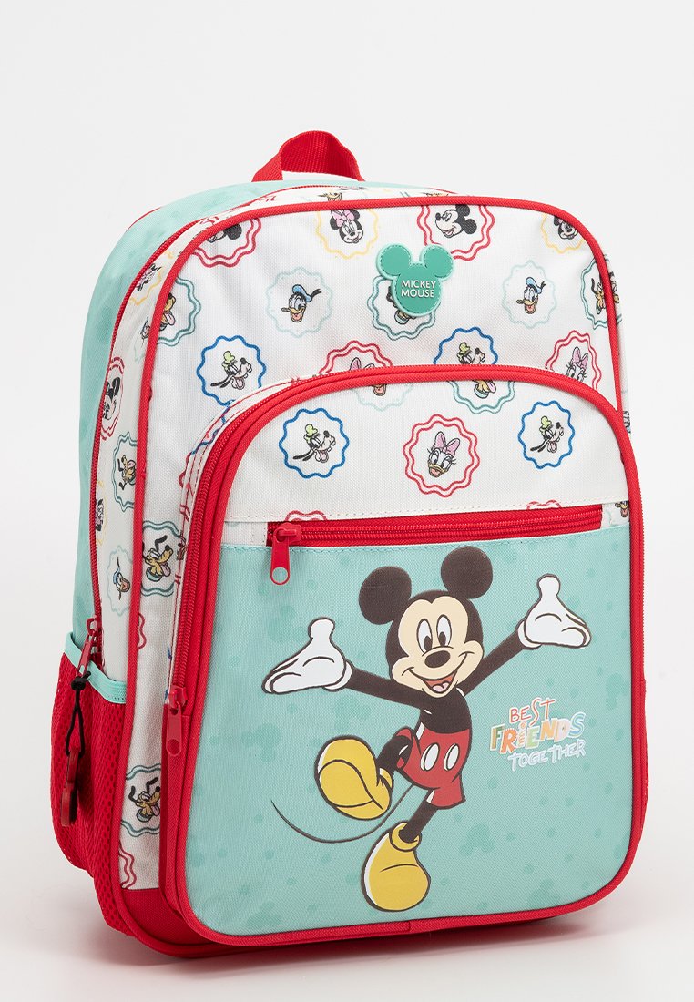 Mochila temática de Mickey Mouse con un diseño en verde menta y rojo, que presenta patrones de personajes y un gráfico impreso destacado de Mickey.