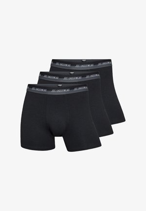 Black boxer briefs in a set of three, made from cotton. Features a gray waistband with "JBS Underwear" logo. Smooth texture and fitted design.