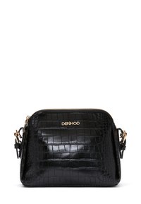 Sac bandoulière en cuir noir avec texture crocodile, quincaillerie dorée, fermeture éclaire et un logo de marque discret à l'avant.