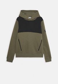 Olivgrön hoodie med svart överdel, med en framficka med dragkedjor och ribbade manschetter. Mjukt tyg, avslappnad design.