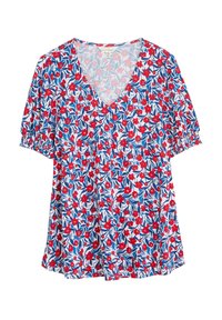 Blusa de cuello en v de mangas cortas en blanco, con un patrón floral de flores rojas y azules, puños elásticos y un corte relajado.
