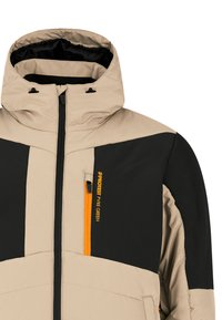 Geïsoleerde jas met een hoge kraag, met een beige en zwarte kleurblokontwerp, oranje ritssluiting zakdetail, en een verstelbare capuchon.