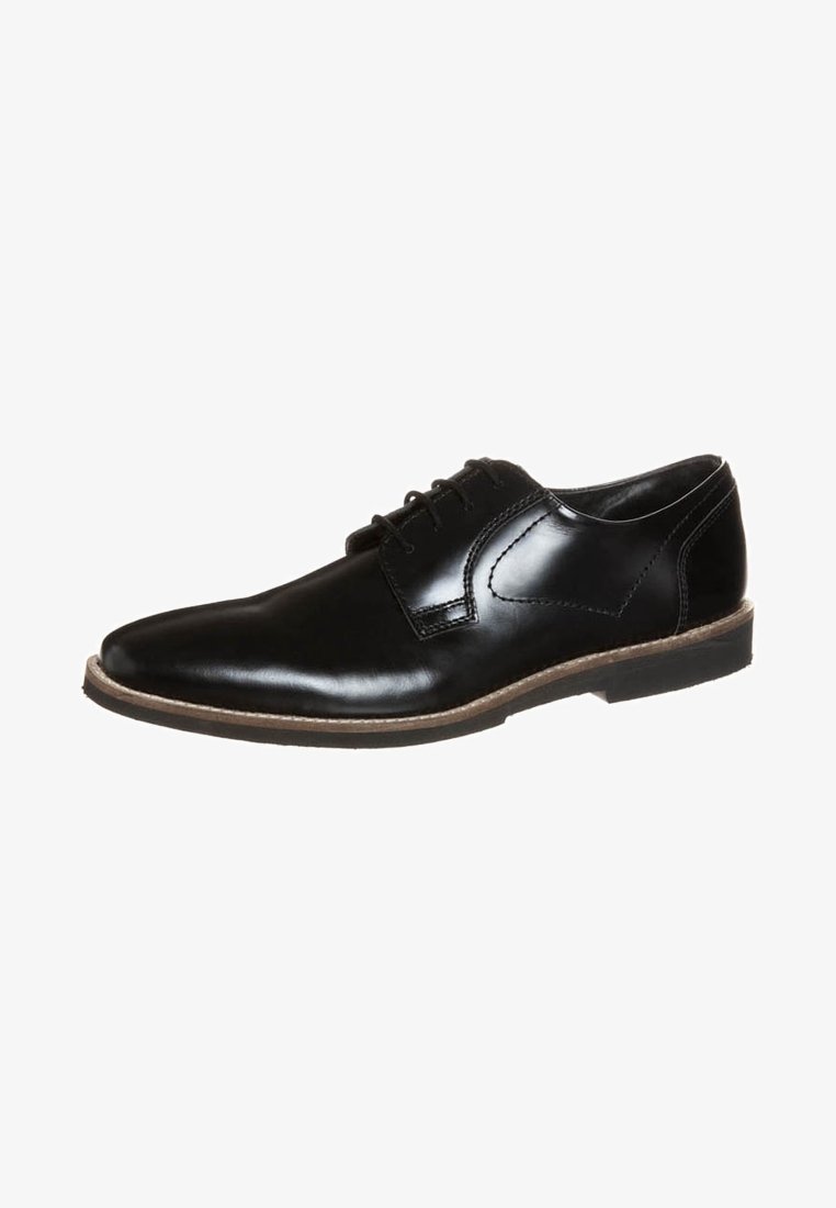 Chaussure habillée pour homme en cuir noir poli avec lacets avant et semelle basse bordée de beige, inclinée pour montrer le côté extérieur et l'avant du pied.