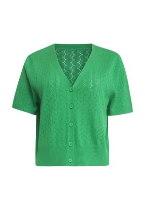 Groene kortemouwen cardigan met een v-hals, decoratief opengehaakt patroon en zes knoopsluitingen aan de voorkant. Getextureerde ribbelzoom.
