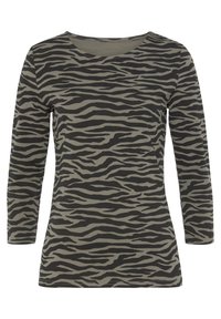 Langarmshirt aus leichtem Material mit einem grau-schwarzen Tigerstreifenmuster. U-Boot-Ausschnitt und figurbetontes Design.