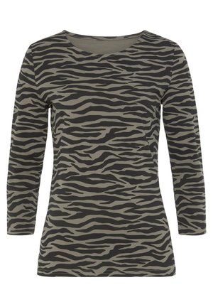 Langarmshirt aus leichtem Material mit einem grau-schwarzen Tigerstreifenmuster. U-Boot-Ausschnitt und figurbetontes Design.