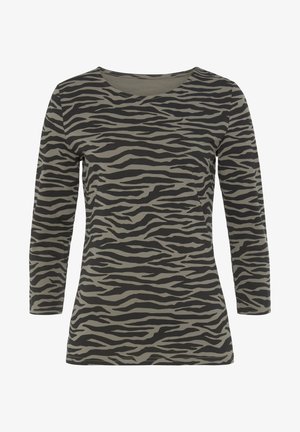 Langarmshirt aus leichtem Material mit einem grau-schwarzen Tigerstreifenmuster. U-Boot-Ausschnitt und figurbetontes Design.