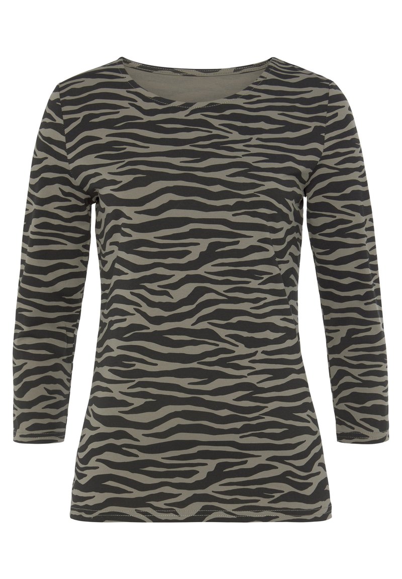 Langarmshirt aus leichtem Material mit einem grau-schwarzen Tigerstreifenmuster. U-Boot-Ausschnitt und figurbetontes Design.