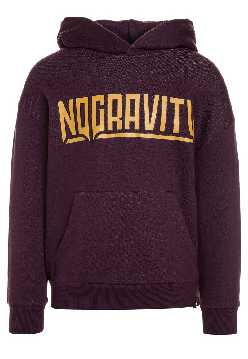 Fialová mikina s kapucí a přední kapsou. Na hrudi je ve zlatém provedení napsáno „NOGRAVITY“. Měkká tkanina s žebrovanými manžetami a spodním lemem.