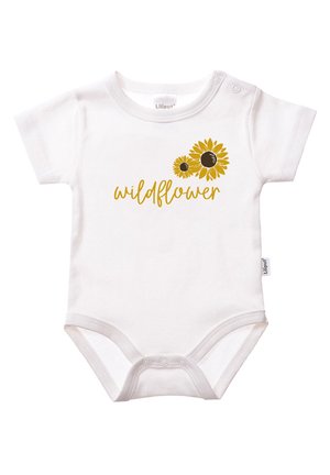 Weißes Baumwoll-Babybodysuit mit einem "Wildblumen"-Grafikdesign featuring gelben Sonnenblumen und schwarzen Mittelpunkten, kurzen Ärmeln und Druckknopfverschluss.