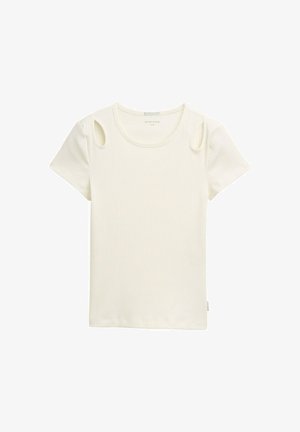 Weißes, geripptes Kurzarm-T-Shirt mit Schulterauschnitten und Rundhalsausschnitt. Weicher Stoff mit taillierter Passform. Etikett am Saum.