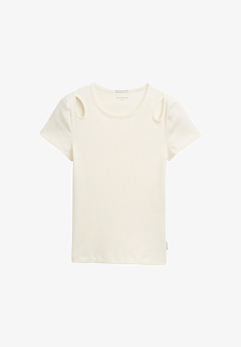 Valkoisen ribatut lyhythihainen t-paita, jossa on olkaimeton leikkaus ja pyöreä kaula-aukko. Pehmeä rakenne ja tiukka muotoilu. Merkki helmassa.