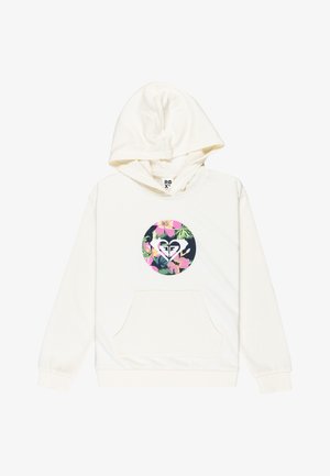 Crème hoodie met een voorzak, voorzien van een ronde bloemenprint in roze en groen, en een logo in het midden. Zachte stofstructuur.