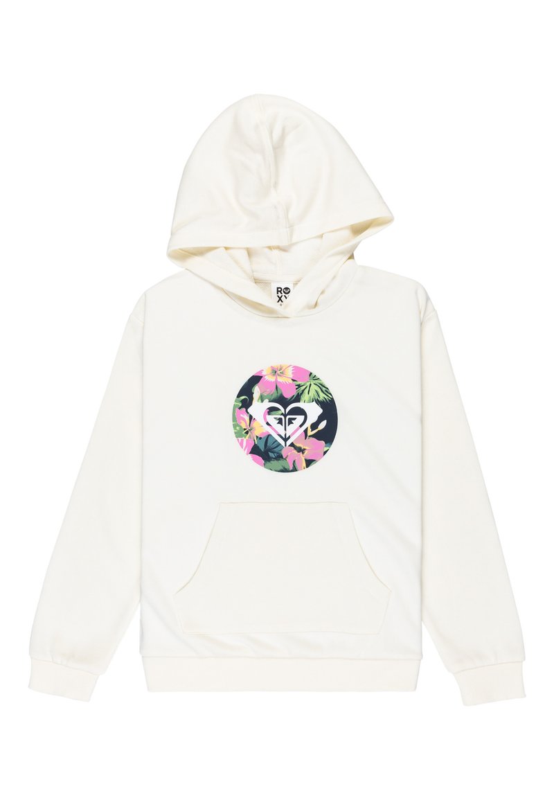 Sudadera crema con bolsillo frontal, con un diseño floral redondo en rosa y verde, y un logo en el centro. Textura de tela suave.