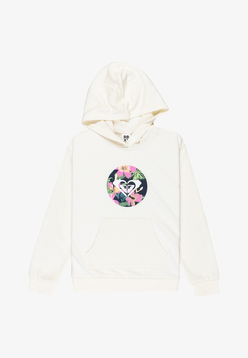 Sudadera crema con bolsillo frontal, con un diseño floral redondo en rosa y verde, y un logo en el centro. Textura de tela suave.