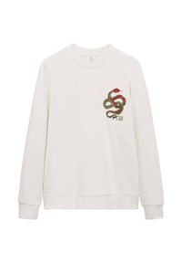Lichtcrème sweatshirt met lange mouwen, met een slanggrafiek in rood en groen op de linkerkant van de borst. Zachte stof met een ronde halslijn.