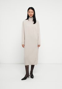 Vrouw in een beige turtleneck midi-jurk, zwarte sheer panty's en zwarte puntige kitten heel mules voor een witte achtergrond.