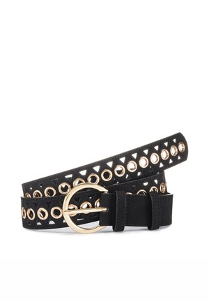 Black leather belt with gold circular eyelets and triangular cutouts, featuring a polished gold rounded buckle.