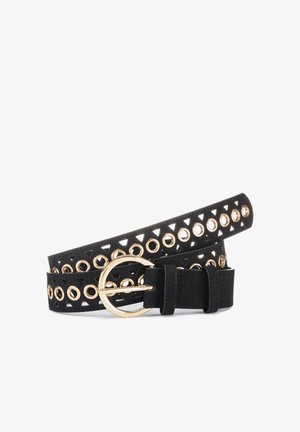 Black leather belt with gold circular eyelets and triangular cutouts, featuring a polished gold rounded buckle.