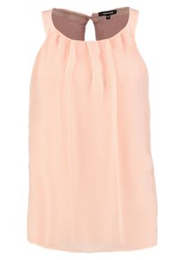 Blusa sin mangas de color durazno con un escote redondo y tela ligera. Presenta pliegues en la parte delantera y una abertura en forma de gota en la parte trasera.