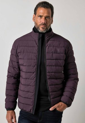 Homme barbu portant une veste matelassée violet foncé par-dessus un pull noir, debout devant un fond clair uni.