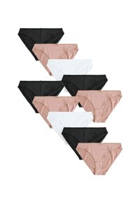 Hat női fehérneműk hatos csomagja fekete, nude és fehér színben. Puha, sima anyagból készült, elasztikus derékpánttal és minimalista dizájnnal rendelkezik.