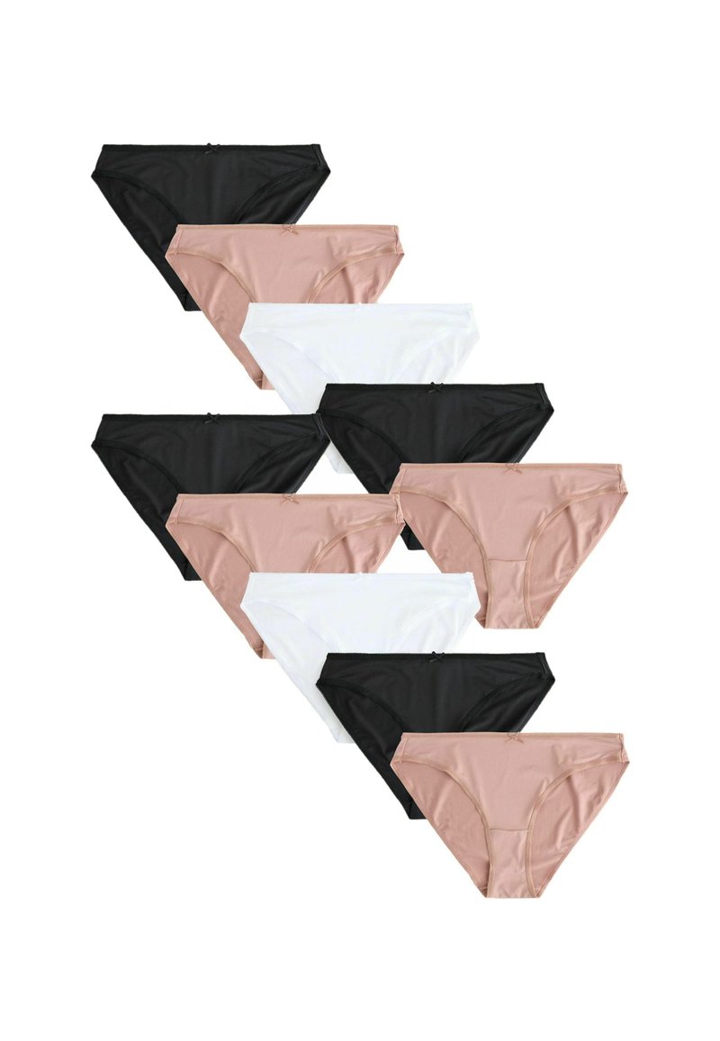 Hat női fehérneműk hatos csomagja fekete, nude és fehér színben. Puha, sima anyagból készült, elasztikus derékpánttal és minimalista dizájnnal rendelkezik.