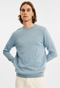 Lichtblauwe trui van zachte, gestructureerde stof. Heeft een ronde halslijn en ribgebreide manchetten en zoom. Aansluitend silhouet.