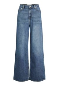 Jeans in denim blu a gamba larga con vita alta, dotati di chiusura a bottoni, cinque tasche e leggere sfumature per un effetto texture.