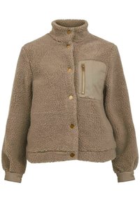 Giacca in pile beige con bottoni a snap, collo alto, maniche lunghe con polsini e tasca sul petto con zip e toppa in tessuto.