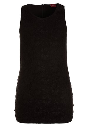 Sort ærmeløs kjole med blomsterstruktur, rund halsudskæring, lynlåsbaglukning og en kropsnær silhuet.