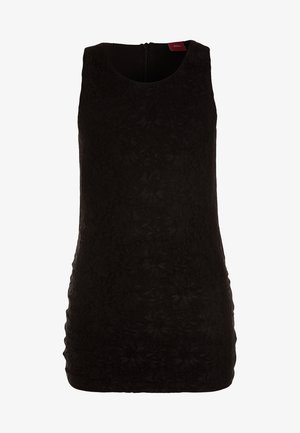 Robe noire sans manches avec une texture florale, un col rond, une fermeture éclair à l'arrière et une silhouette moulante.