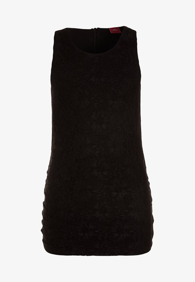 Robe noire sans manches avec une texture florale, un col rond, une fermeture éclair à l'arrière et une silhouette moulante.