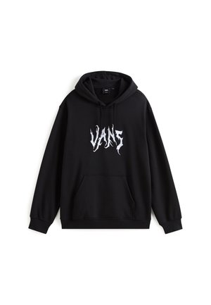 Czarna bluza z kapturem wykonana z mieszanki bawełny, z przednią kieszenią, kapturem ze sznurkiem oraz białym tekstem graficznym na klatce piersiowej. Gładka faktura i regularny krój.